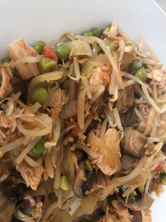 A picture of Chicken and Bean Shoot stir-fry.