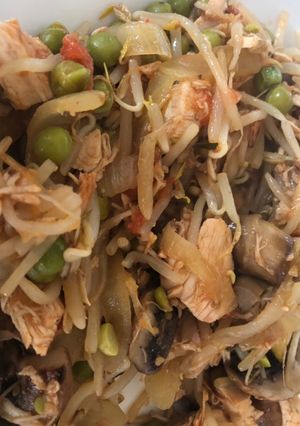 A picture of Chicken and Bean Shoot stir-fry.
