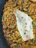 Arroz con gallineta y habas baby