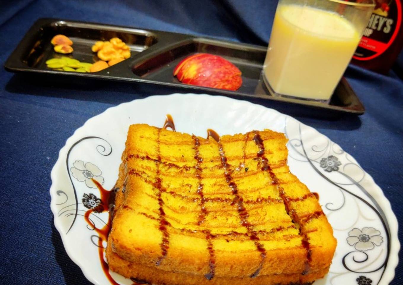 Eggless French Toast with fruit, nuts and milk