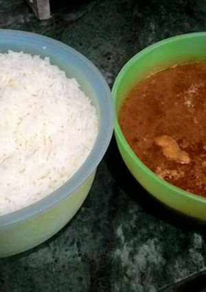 A picture of Fish gravy with boiled rice.