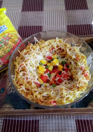 A picture of Baked Maggi With Tricolour Veggie.