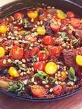 Braised Wagyu Beef, Shallot, Tomato, and Basil Skillet