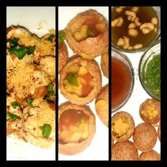 A picture of Indian snack (crisp sphere with flavoured water/curd mixture).