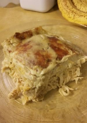 A picture of Green Sour Cream Chicken Enchilada Layers.