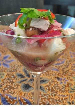 A picture of Salmon, Scallop and Tuna Ceviche.