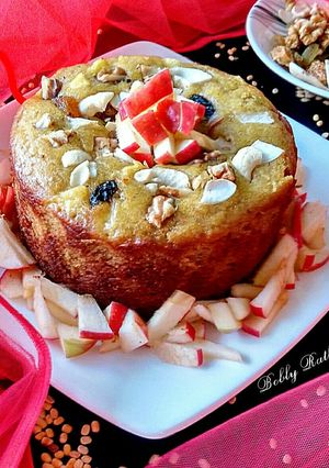 A picture of Moong dal chunk apple dry fruits cake.