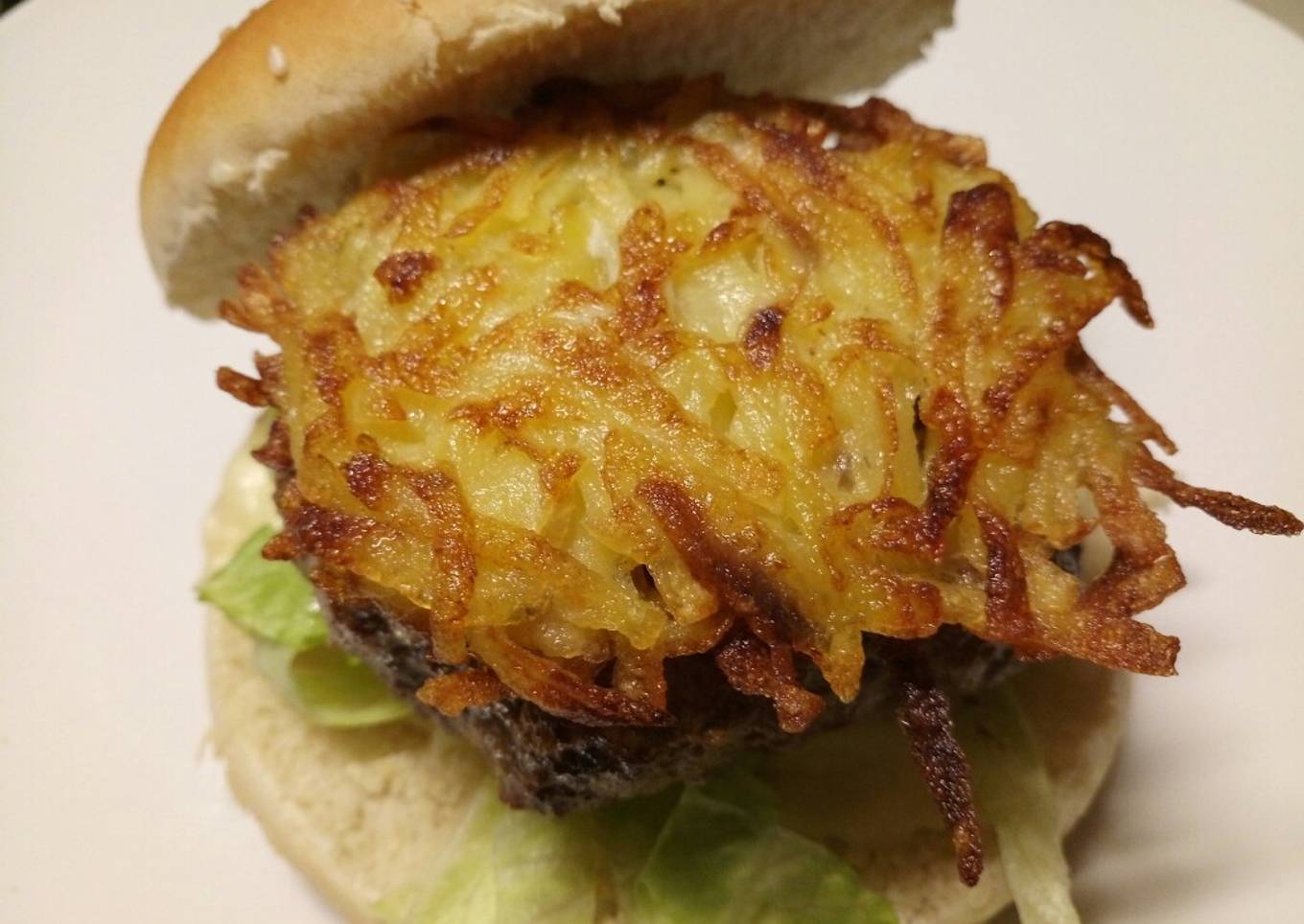 Fluffy's homemade hash brown cheese burger