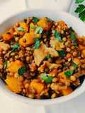 Stufato di lenticchie, zucca e finferli