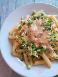 Macaroni with Roquefort Sauce, Manchego Cheese Cream, and Mushrooms