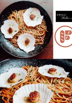 A picture of Sambal Pasta with Masala Seared Scallops.