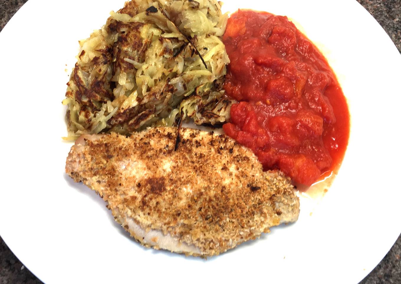 Pork Snitzel with Pan Fried Rosti & Tomato