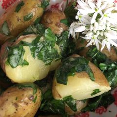 A picture of New potatoes with wild garlic.