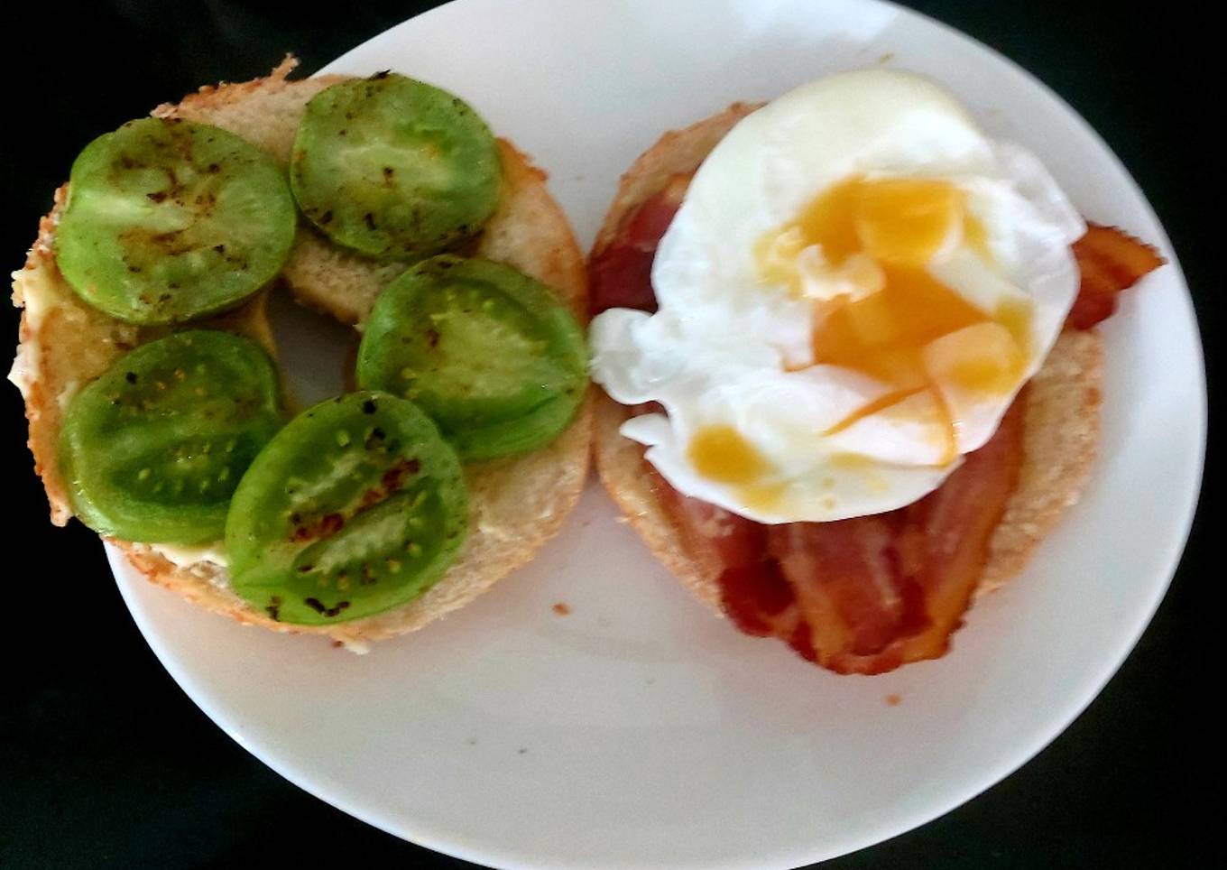 My Bagel with Crisp Bacon, Poached Egg & Grilled Green Tomatoes