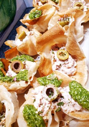 A picture of Appetizer Cups with Phyllo, Tuna, Mayonnaise, and Pesto 😋.