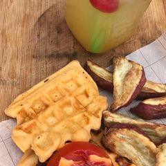 Lemon and paprika Sweet potato wedges with waffles A picture of Lemon and paprika Sweet potato wedges with waffles.