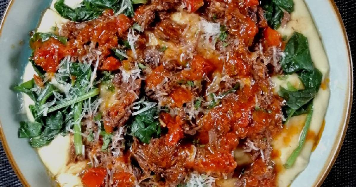 Beef brisket ragu with savoury semolina and wilted spinach Recipe by