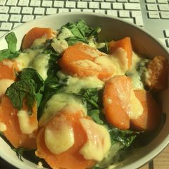 A picture of Healthy warm cheese sweet potato salad with spinach (multi variations).