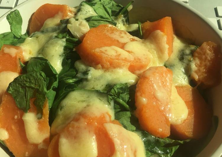 Healthy warm cheese sweet potato salad with spinach (multi variations)
