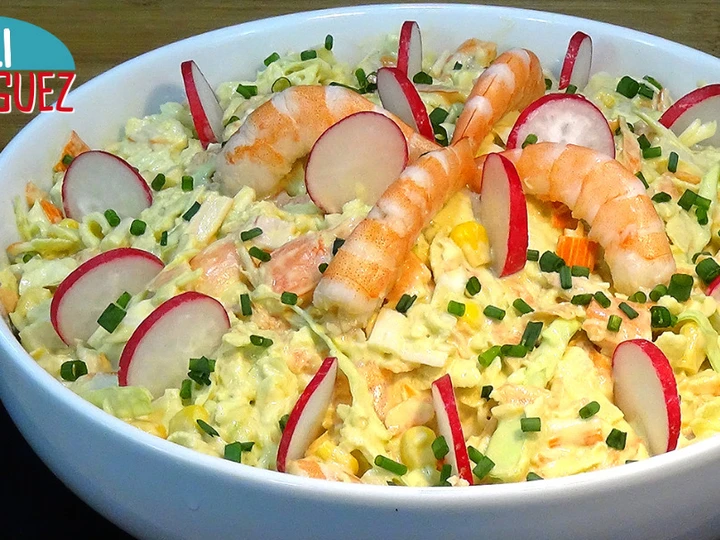 Pasos sencillos para Preparar Ensalada de Col o Repollo con gambas (Coleslaw)  que Delicioso