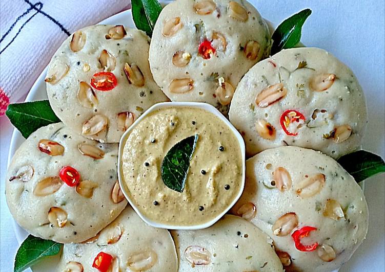 Roasted peanut millet idli with peanut coconut chutney