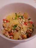 Cold barley salad with pomelo, pomegranate, cashews, and shiso