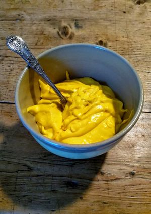 A picture of Saffron aioli (best garlic mayo ever).