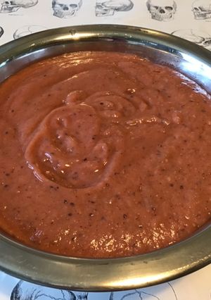 Une photo de Compote multi fruits à la vanille (pêches jaunes,kiwis,jus de cerises)