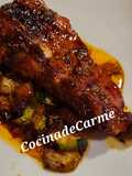 Tira de churrasco de cerdo a la miel con calabacín