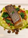 Blue eye cod with caponata, Dutch creme mash, fried capers and served with basil and lemon oil