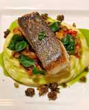 Blue eye cod with caponata, Dutch creme mash, fried capers and served with basil and lemon oil