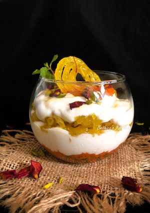A picture of Motichoor Laddu, Jalebi & Shrikhand Parfait.