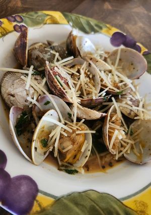 A picture of Brad's steamed clams in white wine sauce.