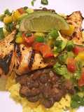 Island chicken with beer braised black beans and yellow rice