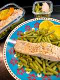 Salmón al vapor con naranja y judías verdes