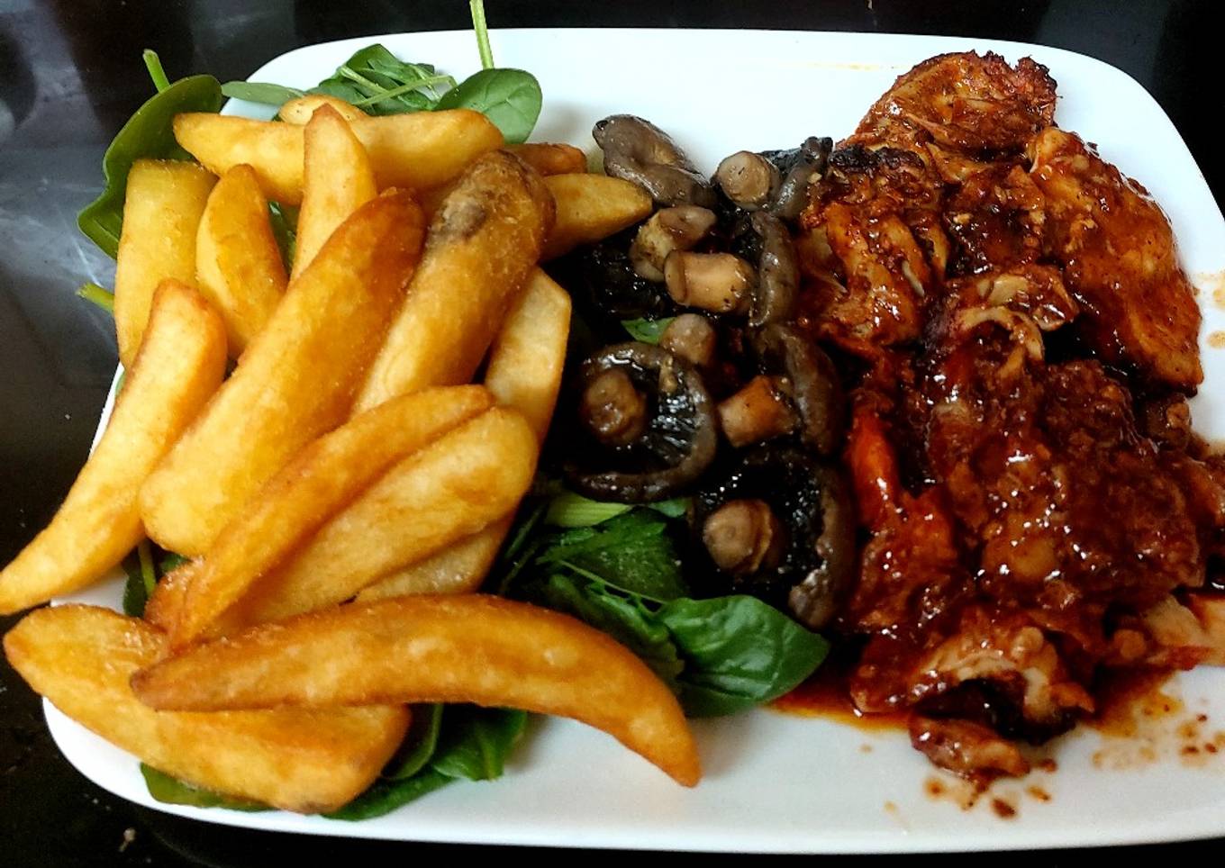 My Peri Peri Chicken with Mushrooms and Big Chips + Spinach