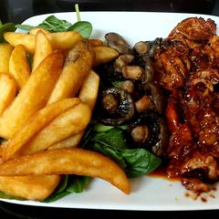 A picture of My Peri Peri Chicken with Mushrooms and Big Chips + Spinach.