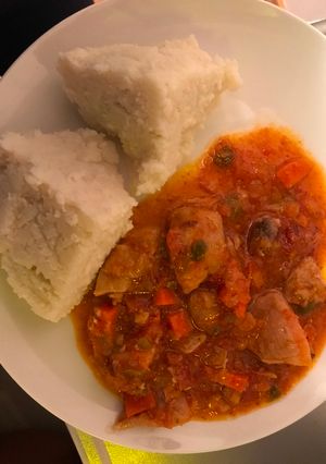 A picture of Ugali and Chicken stew.