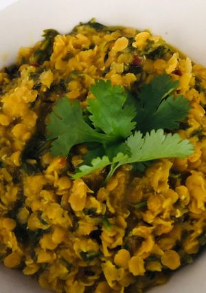 A picture of Carrot top and red lentil dal - vegan.
