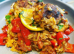A picture of Spanish Chicken and Rice.