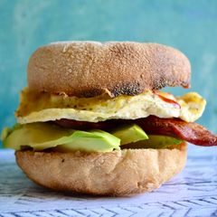 A picture of Sriracha Egg Bagels w/ Bacon & Avo.