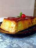 Flan de huevos y queso con piña escarchada y Canela