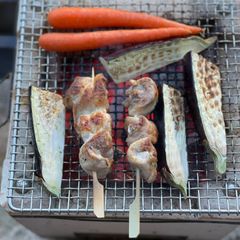 A picture of 🇯🇵🍗 Yakitori - grilled skewed chicken on Shichirin, Japanese BBQ.