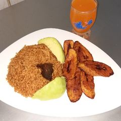 Jollof Rice and Fried beef A picture of Jollof Rice and Fried beef.