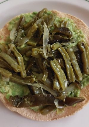 A picture of Avocado Tostadas with Nopales and Poblano Strips.