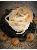 Linguine with Squid Ink, Béchamel, and Shrimp