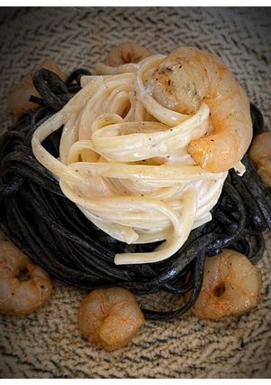 A picture of Linguine with Squid Ink, Béchamel, and Shrimp.