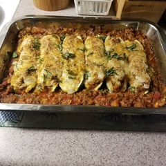 A picture of Italian stuffed zucchini boats.