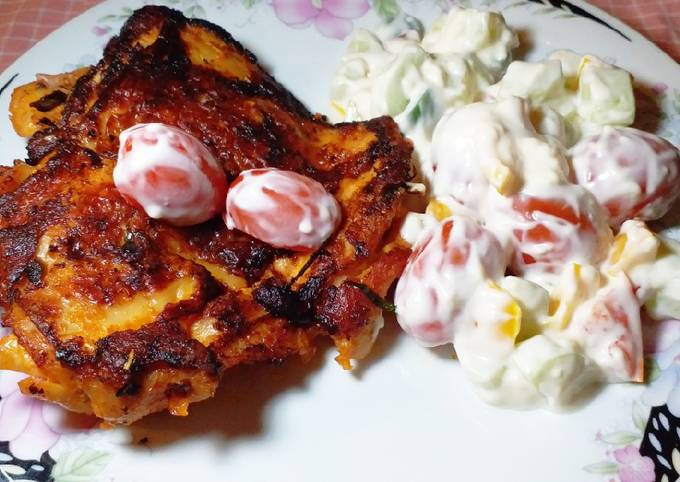 Ayam Bakar Teflon Bumbu simple bersama salad sehat