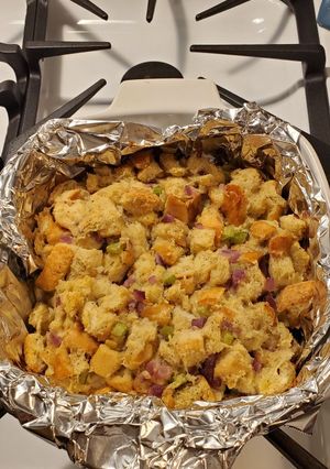 A picture of Grandma's dressing (stuffing).